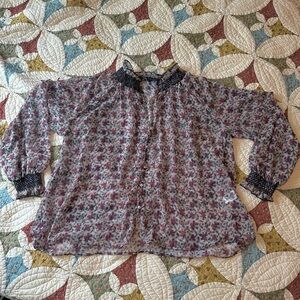 Zara maroon and cream floral sheer blouse with smocked collar and sleeves
